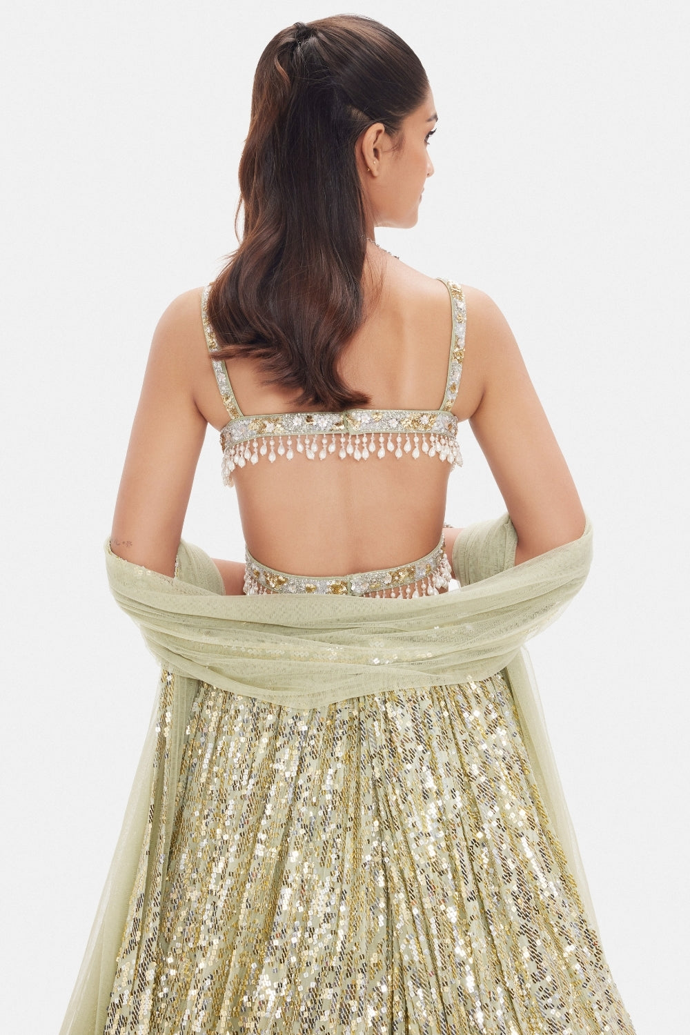 Pista Green Georgette Lehenga Set with Cutdana and Moti Work