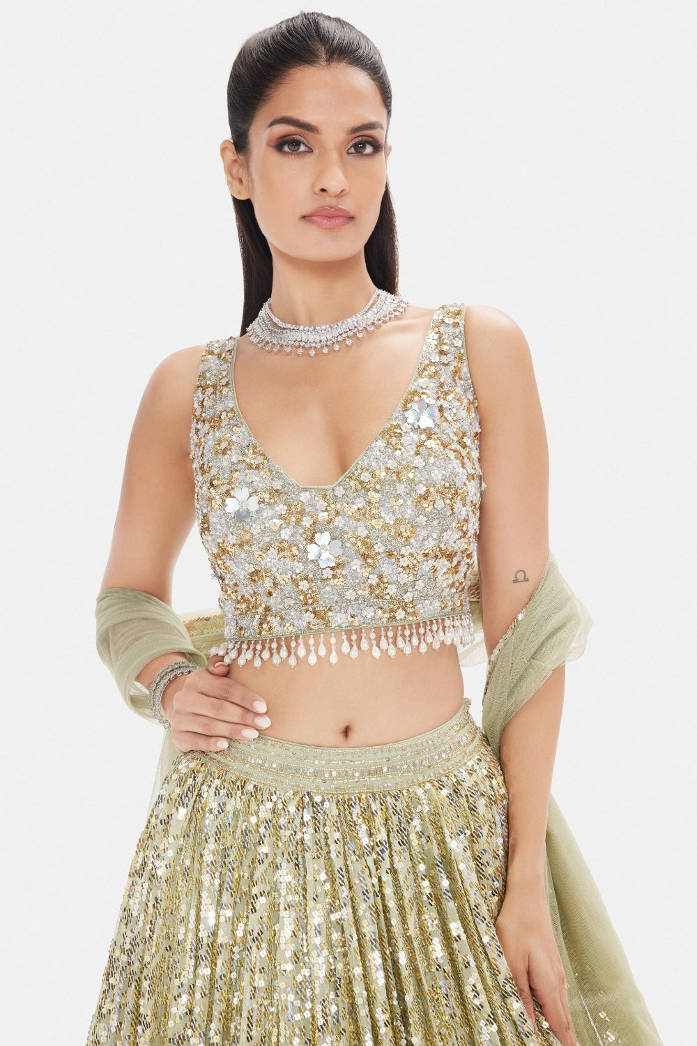 Pista Green Georgette Lehenga Set with Cutdana and Moti Work