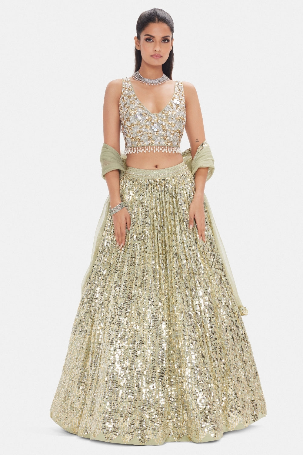 Pista Green Georgette Lehenga Set with Cutdana and Moti Work