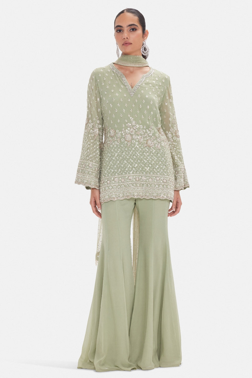 Pista Green Georgette Sharara Set Cutdana and Sequins Work