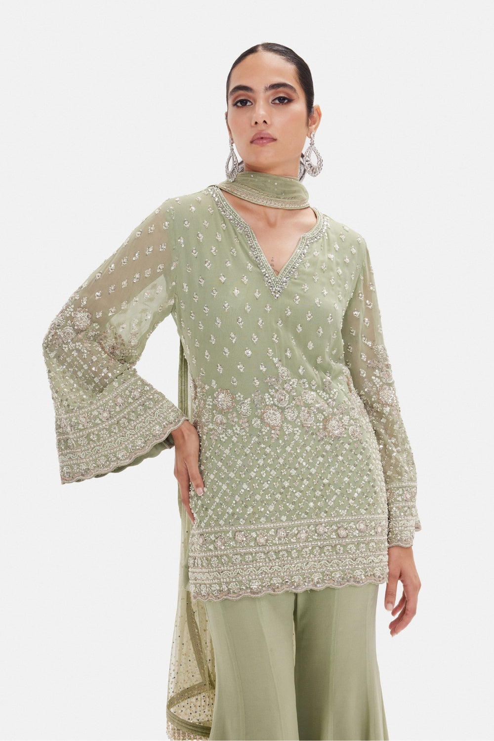 Pista Green Georgette Sharara Set Cutdana and Sequins Work