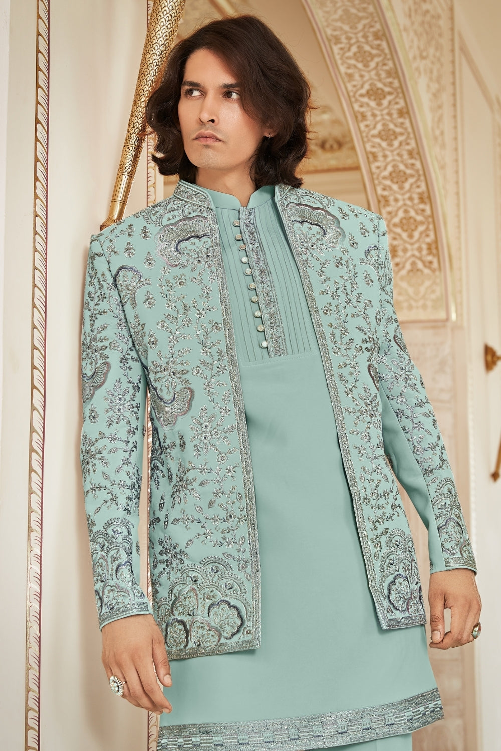 Pista Green Imported Indo Western with Sequins and Resham Embroidery