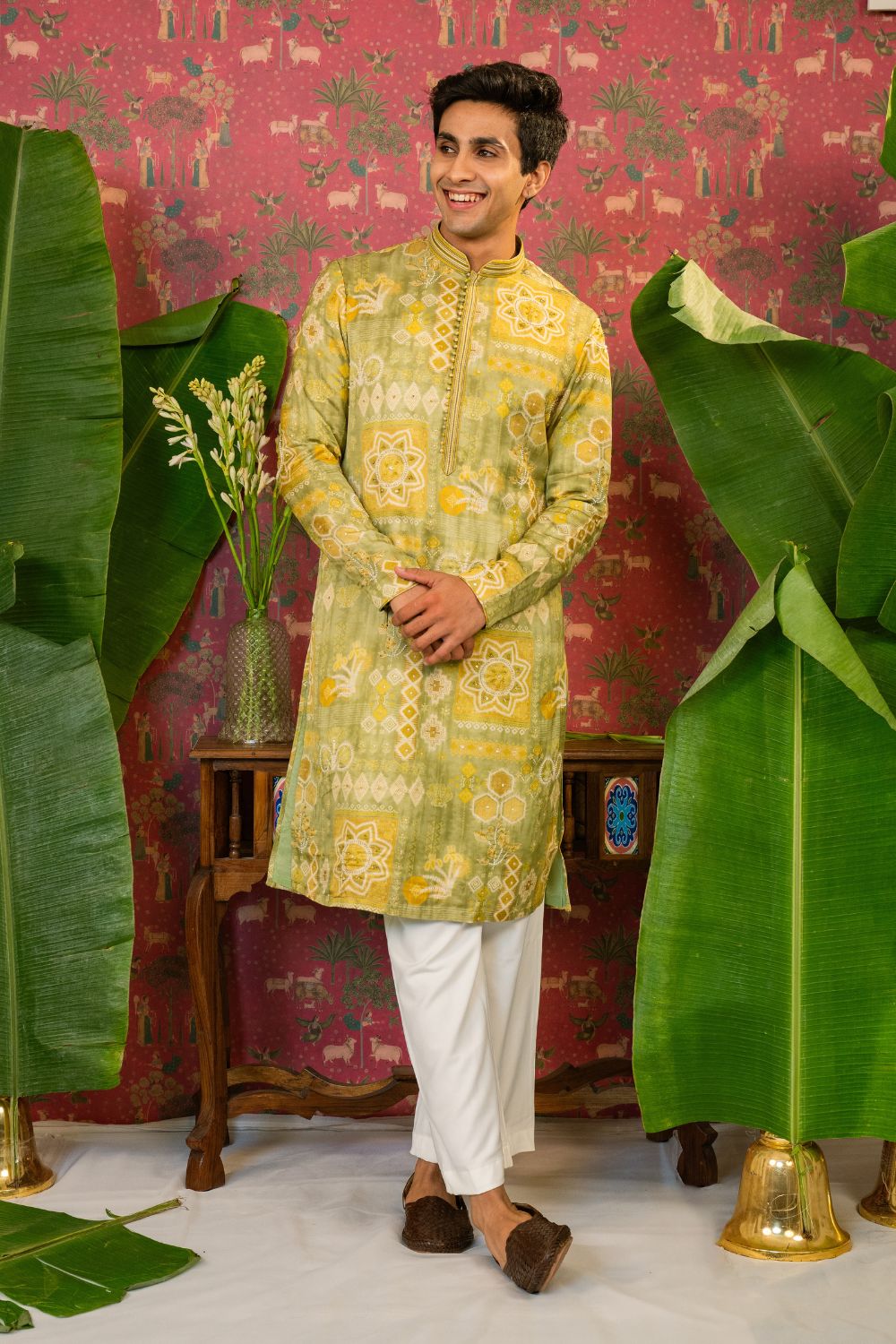 Pista Green Silk Kurta Set with Sequins and Pearl Work