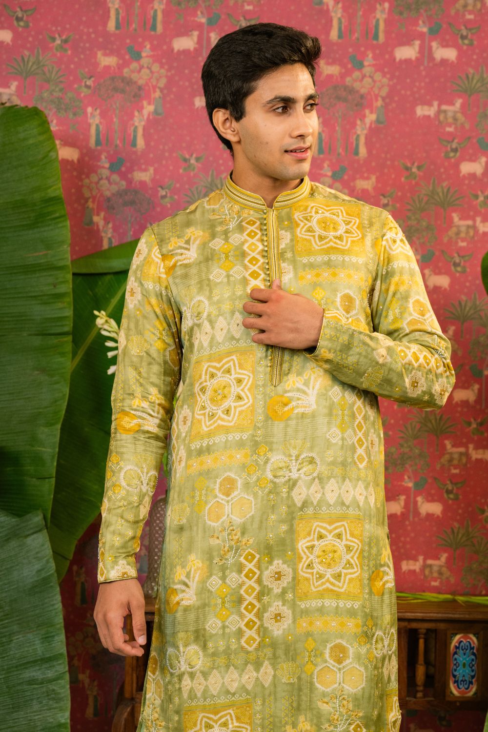 Pista Green Silk Kurta Set with Sequins and Pearl Work
