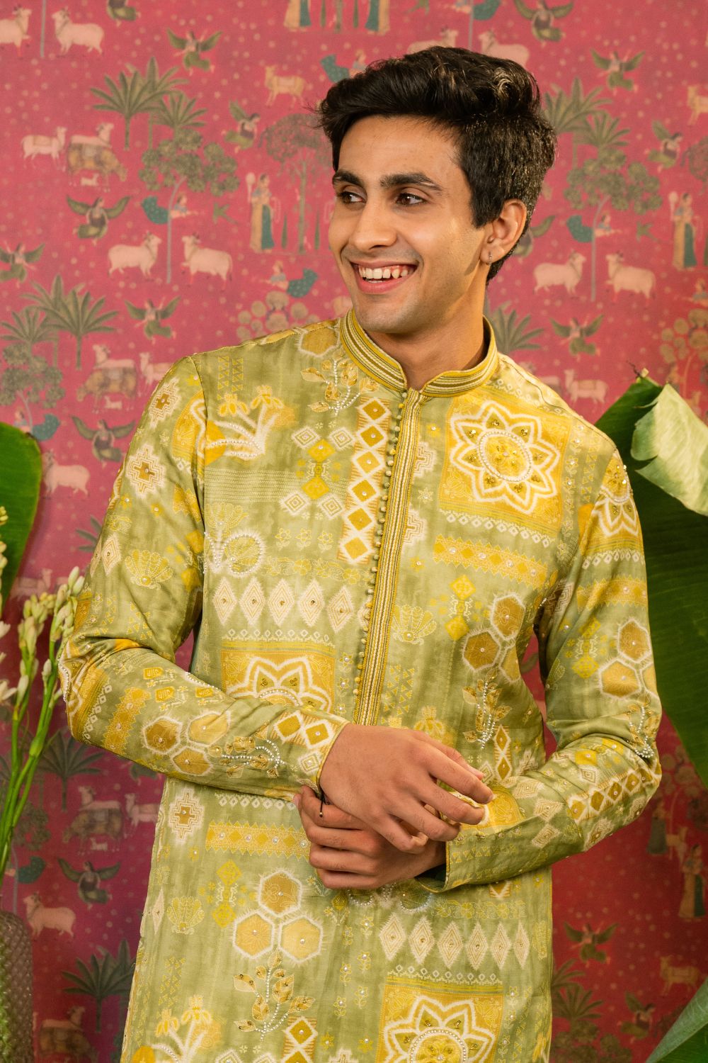 Pista Green Silk Kurta Set with Sequins and Pearl Work