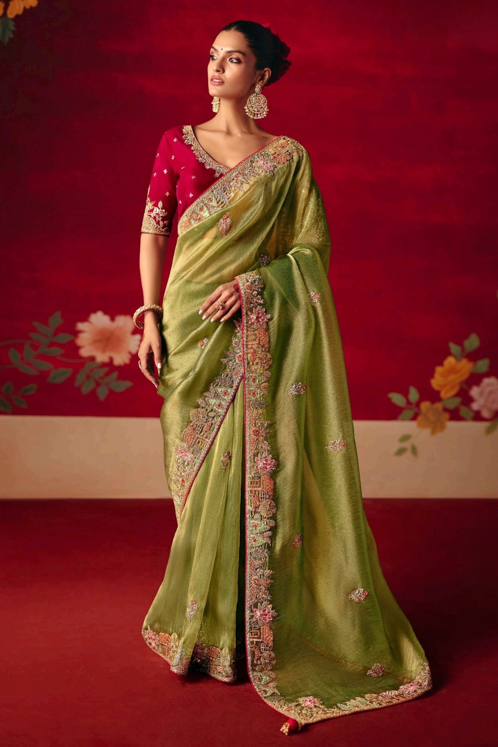 Pista Green Silk Saree with Zardosi and Stone Work