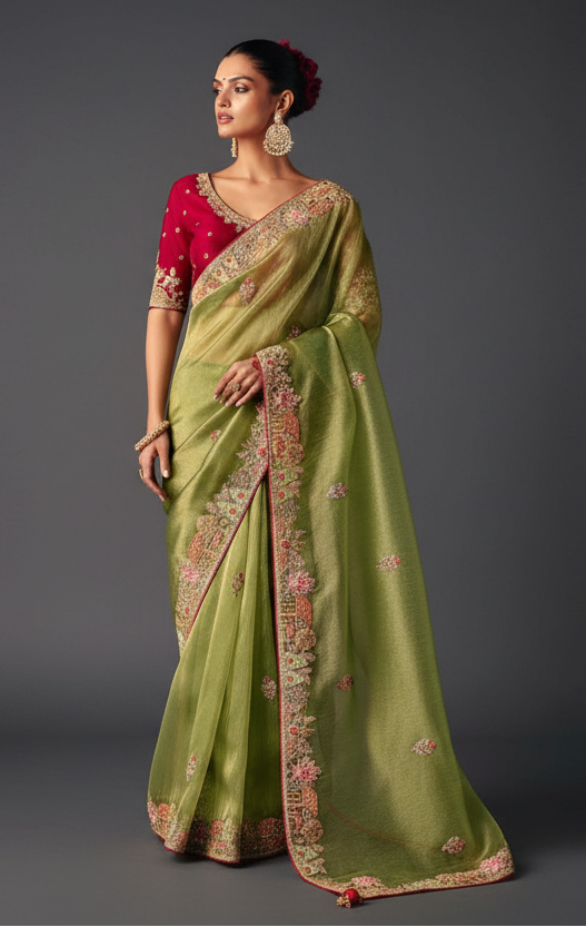 Pista Green Silk Saree with Zardosi and Stone Work