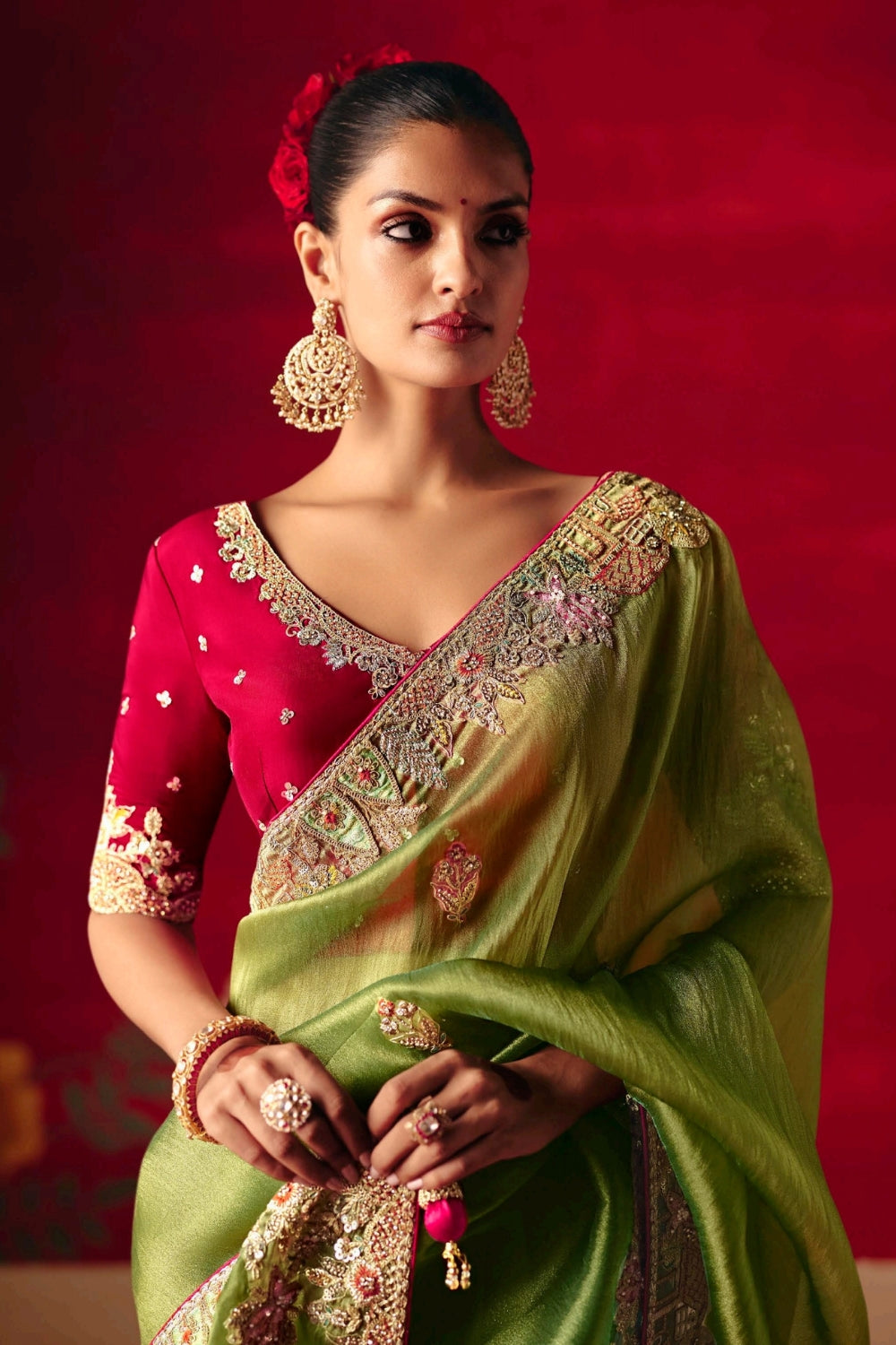 Pista Green Silk Saree with Zardosi and Stone Work