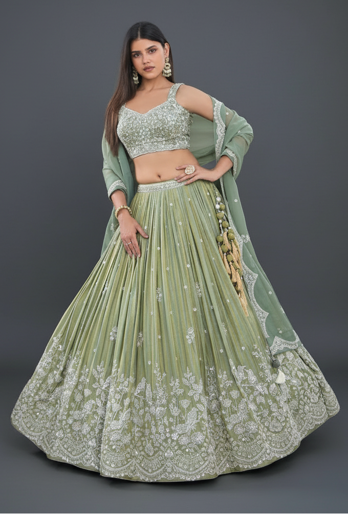 Pista Green Silk Tissue Lehenga Set with Embroidery and Cutdana Work