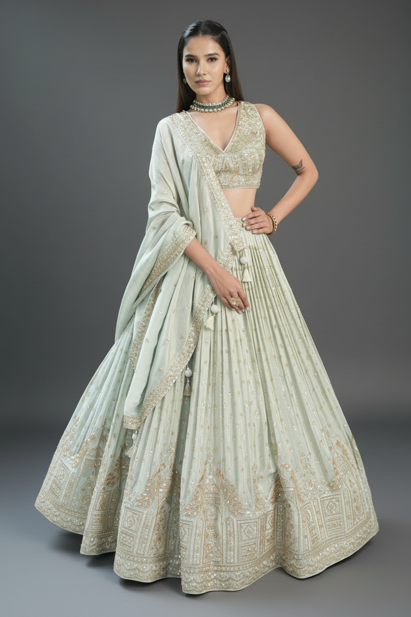 Pista Green Tissue Lehenga Set with Zardosi and Cutdana Work