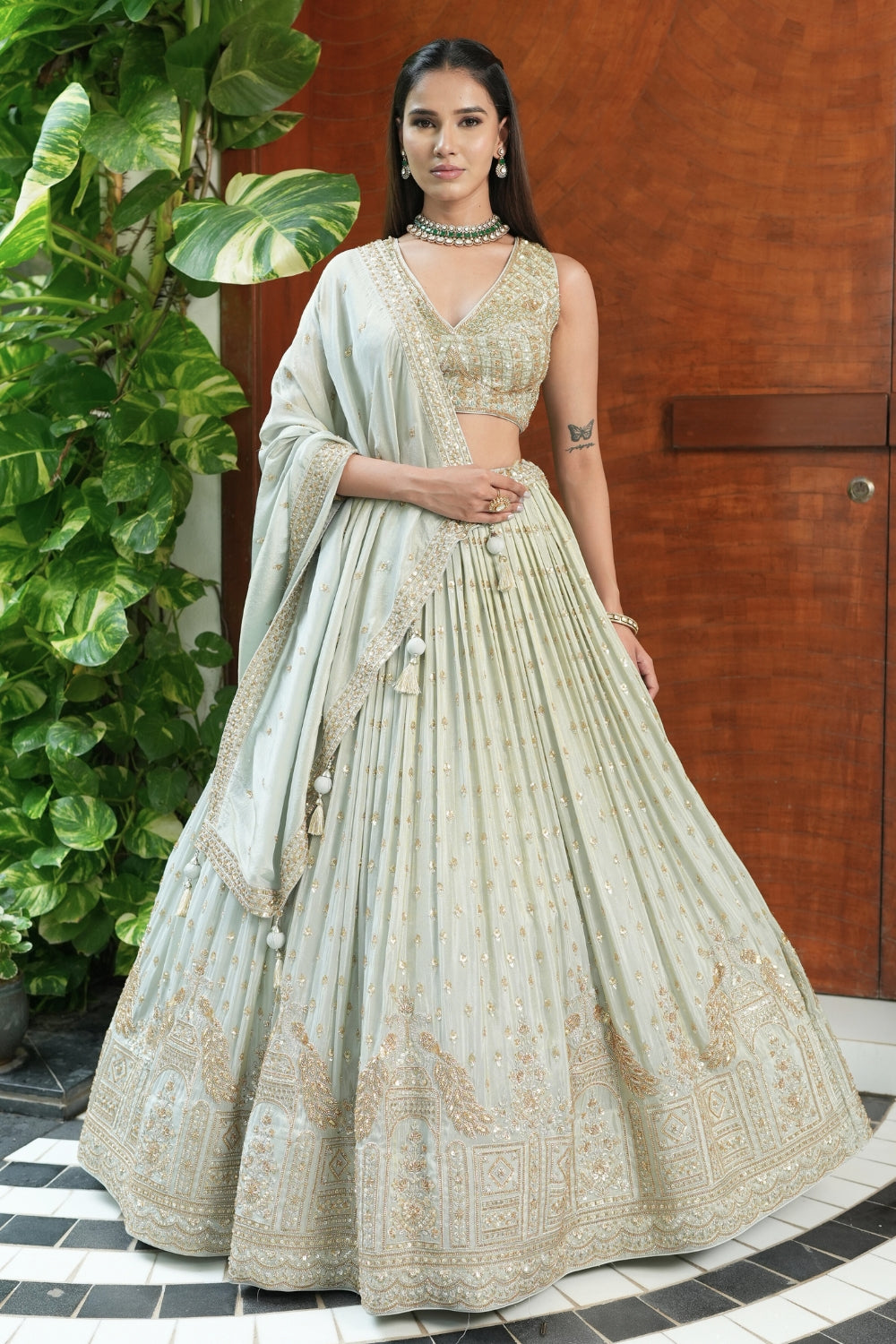 Pista Green Tissue Lehenga Set with Zardosi and Cutdana Work