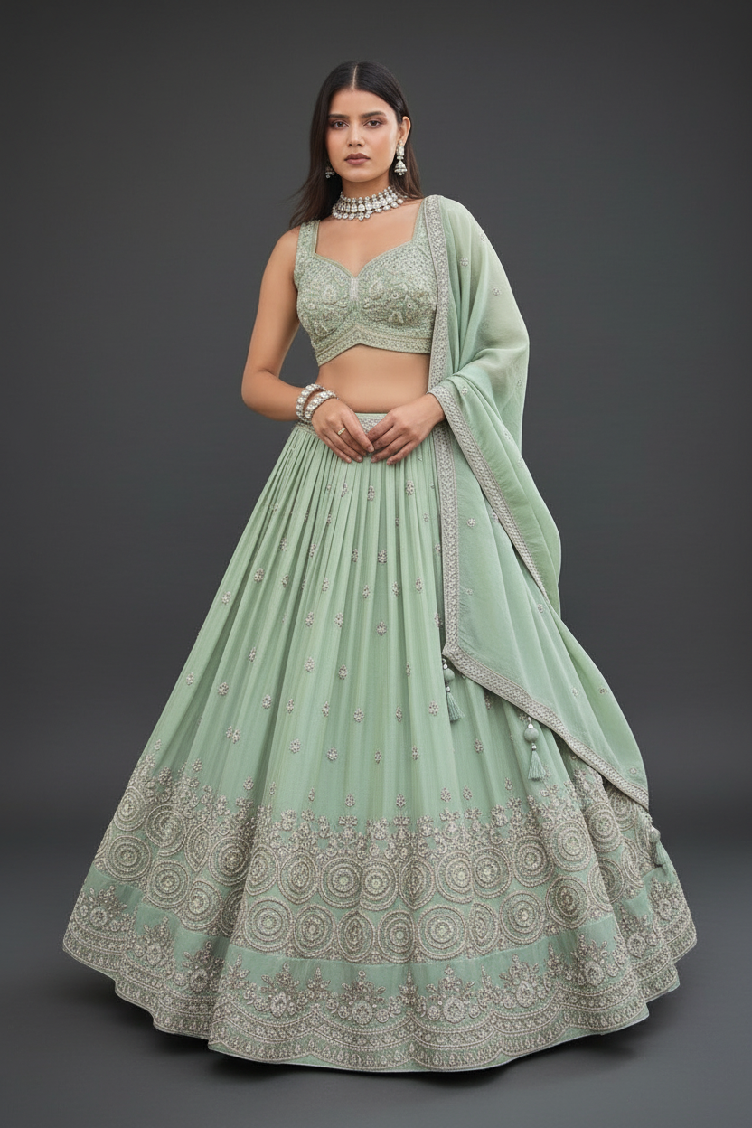Pista Green Tissue Lehenga Set with Zardosi and Moti Work