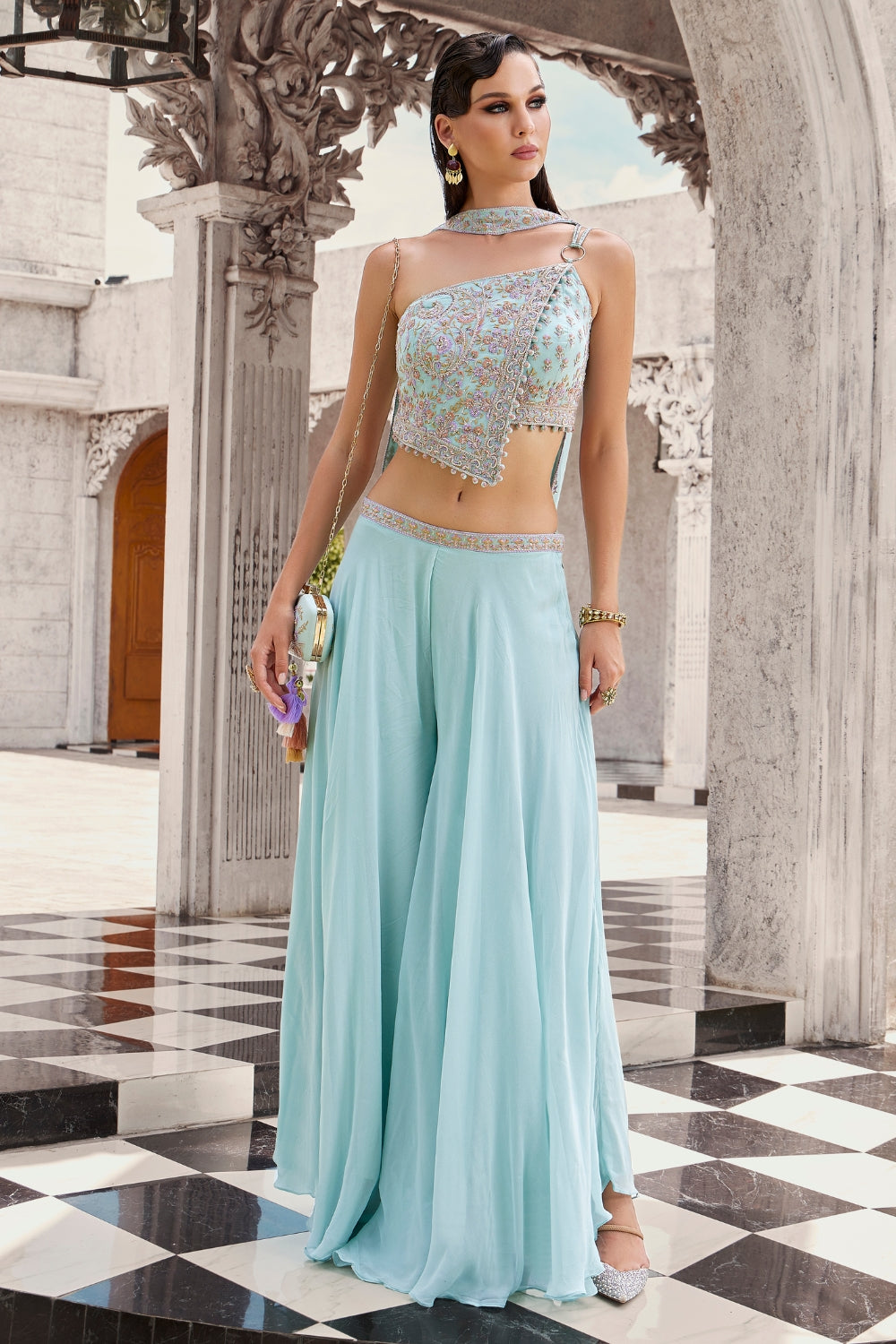 Powder Blue Georgette Palazzo Set with Cutdana and Resham Embroidery Work