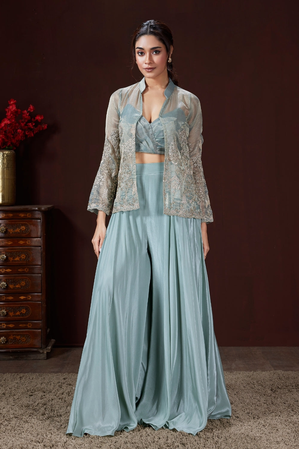 Powder Blue Organza Palazzo Set with Cutdana and Moti Work