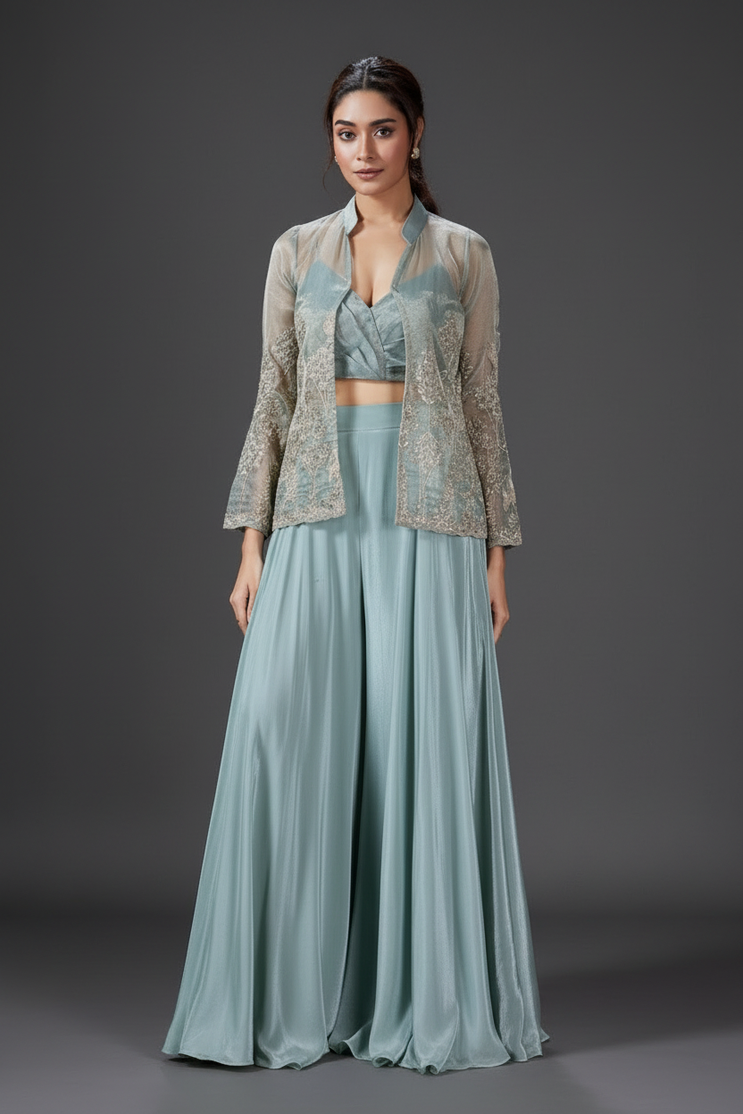 Powder Blue Organza Palazzo Set with Cutdana and Moti Work