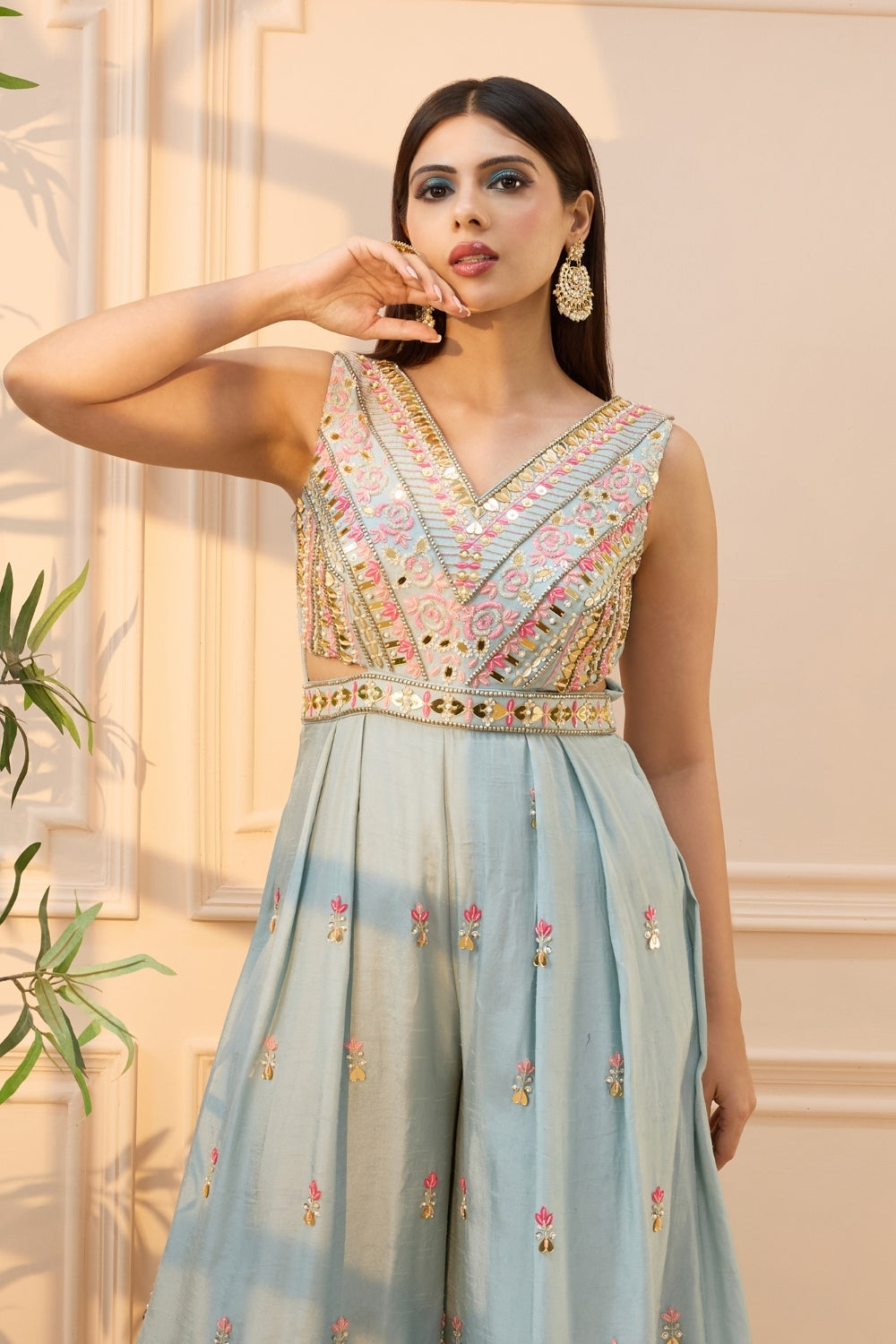 Powder Blue Silk Palazzo Set with Cutdana and Moti Work