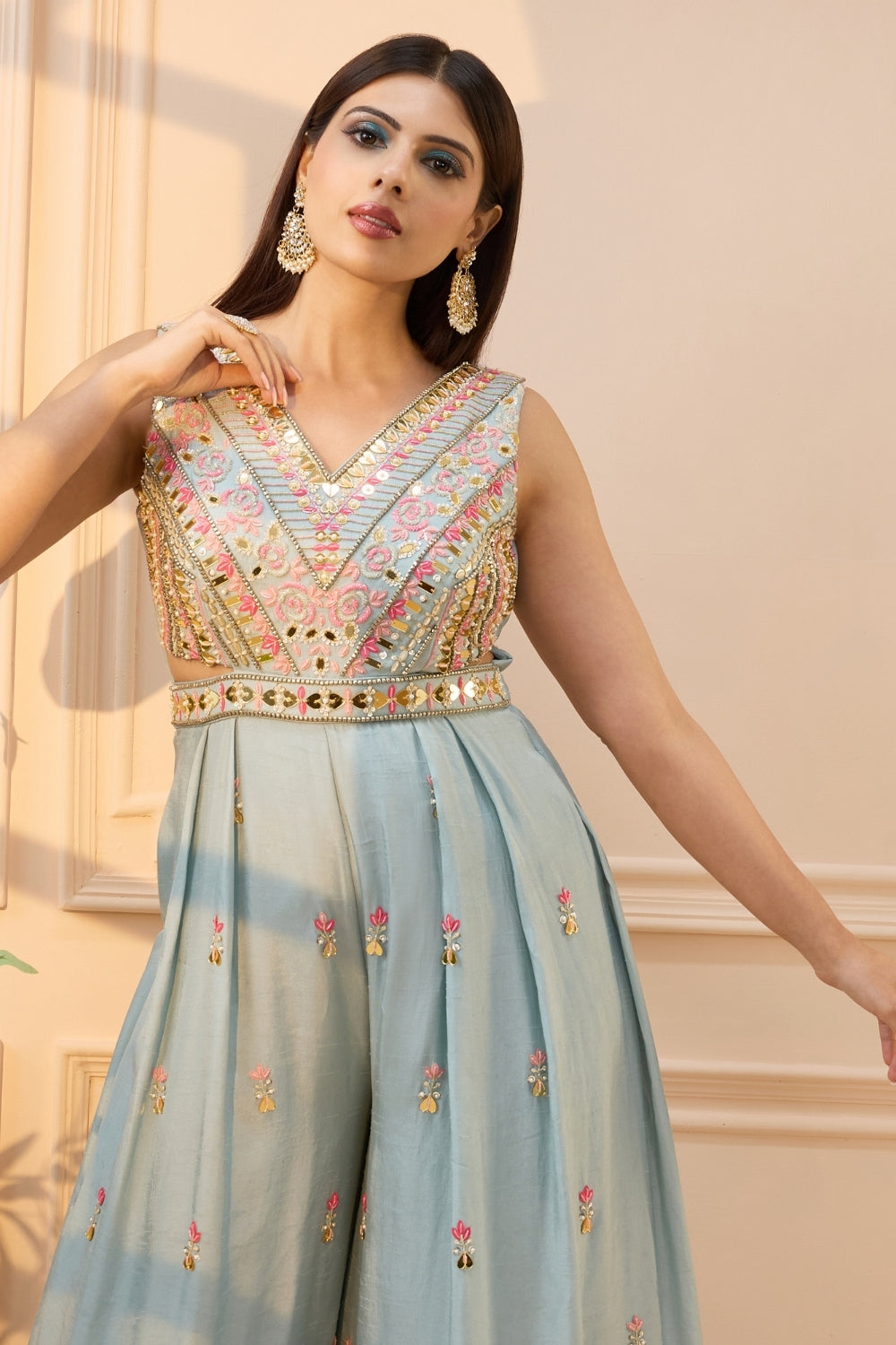 Powder Blue Silk Palazzo Set with Cutdana and Moti Work