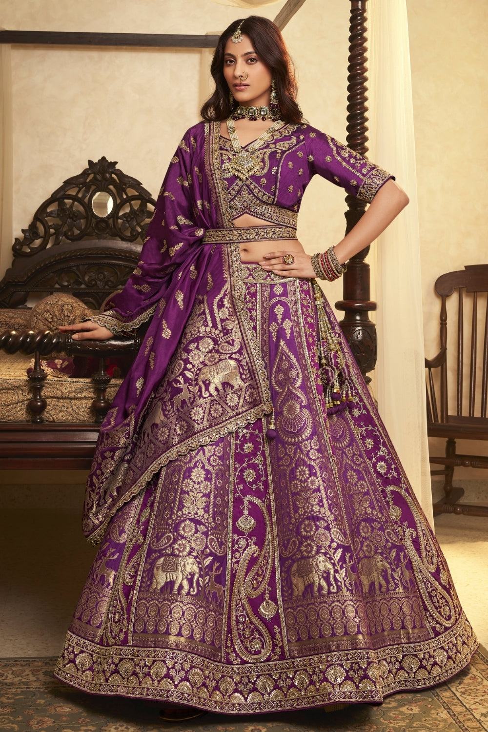 Purple Banarasi Silk Lehenga Set with Cutdana and Stone Work