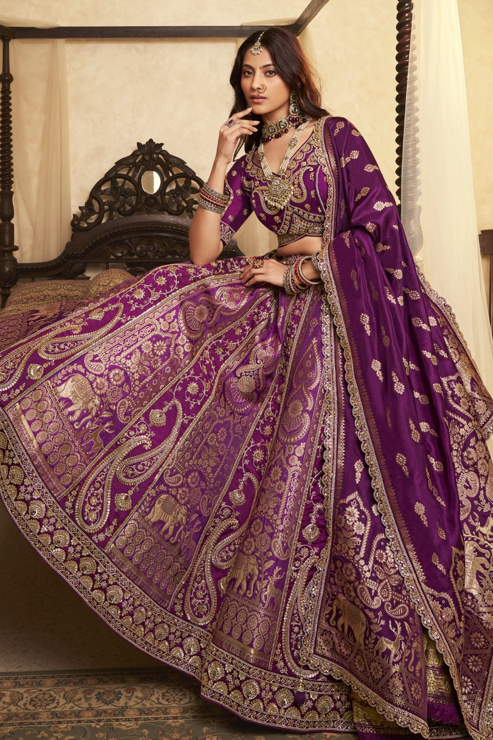 Purple Banarasi Silk Lehenga Set with Cutdana and Stone Work