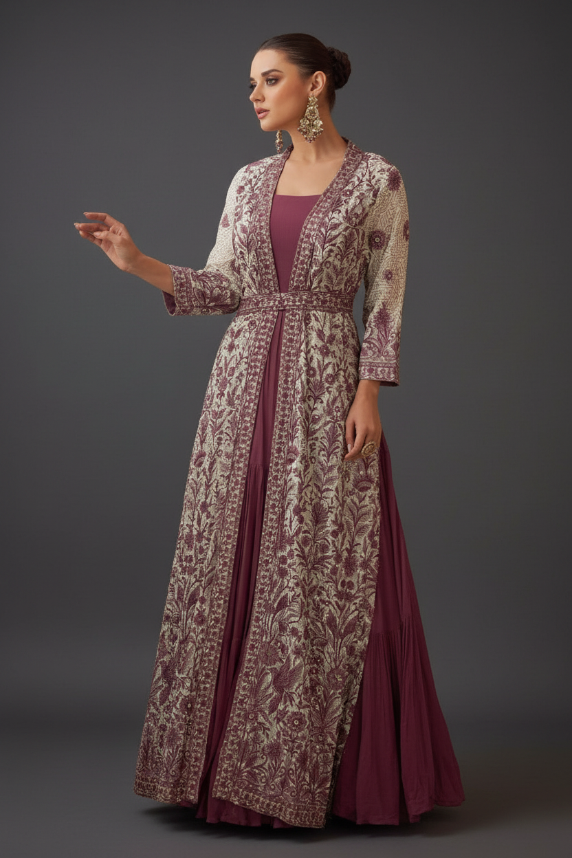 Purple Chinon Anarkali Set with Resham Embroidery and Sequins Work