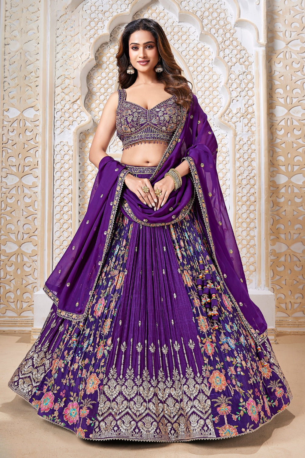 Purple Chinon Lehenga Set with Cutdana and Mirror Work