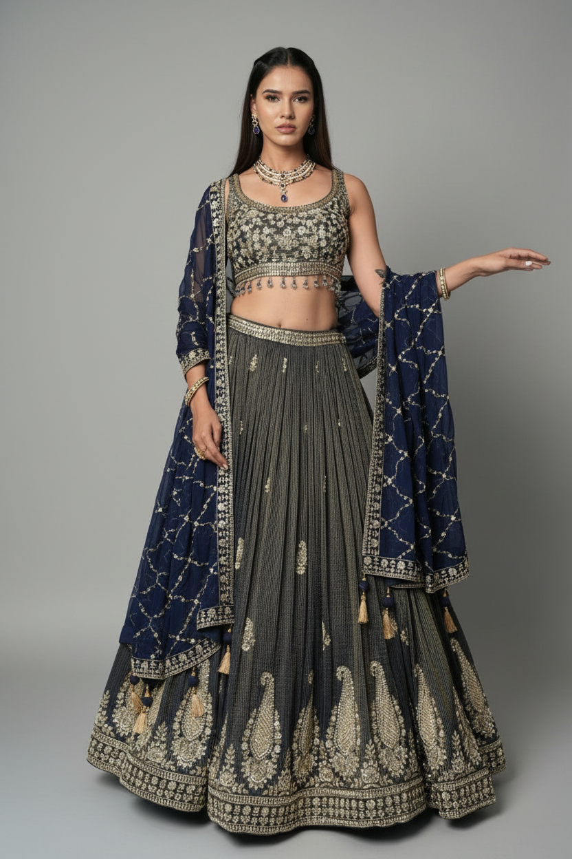 Navy Blue Crush Tissue Lehenga Set with Embroidery and Cutdana Work