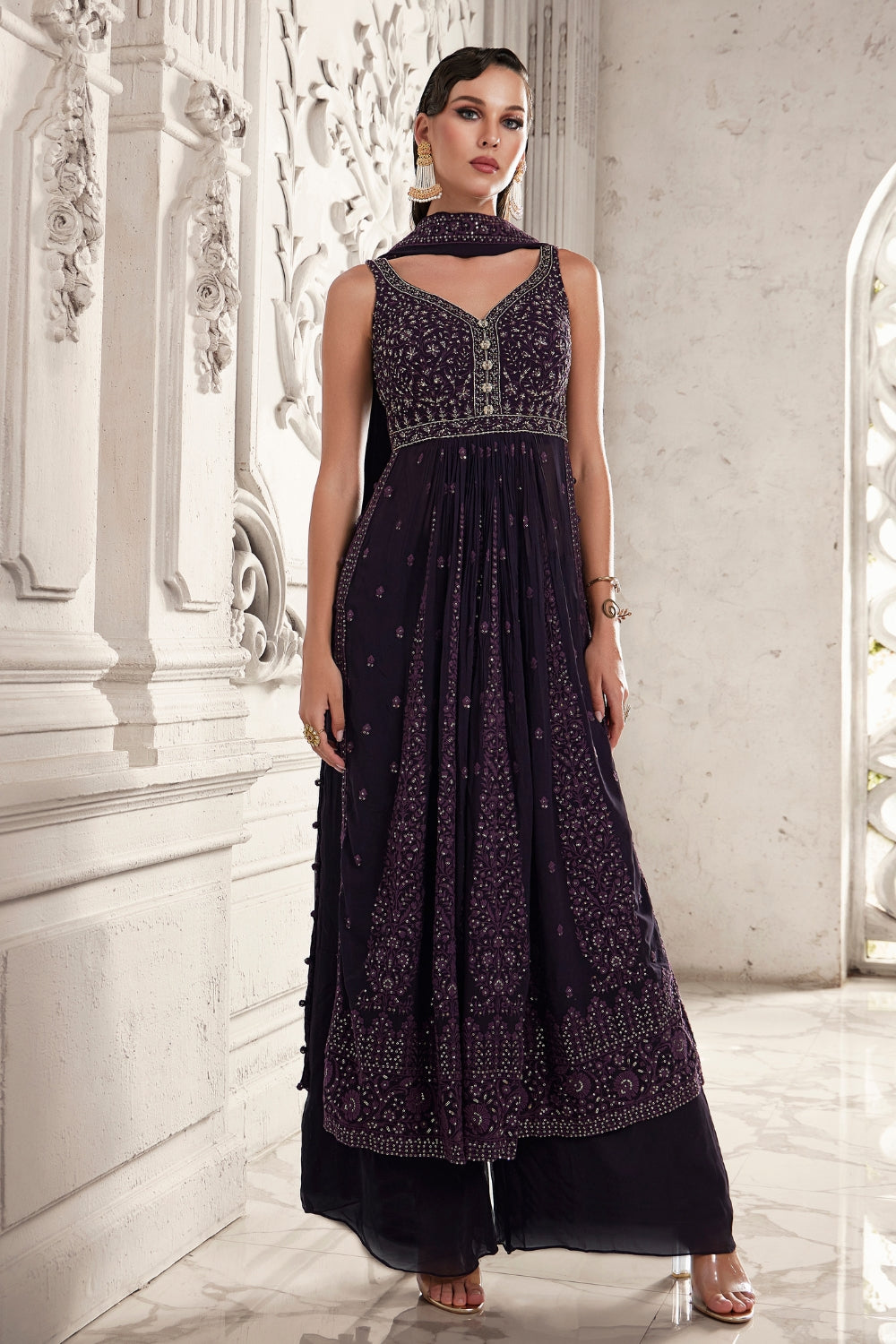 Purple Georgette Anarkali Set with Sequins and Embroidery Work