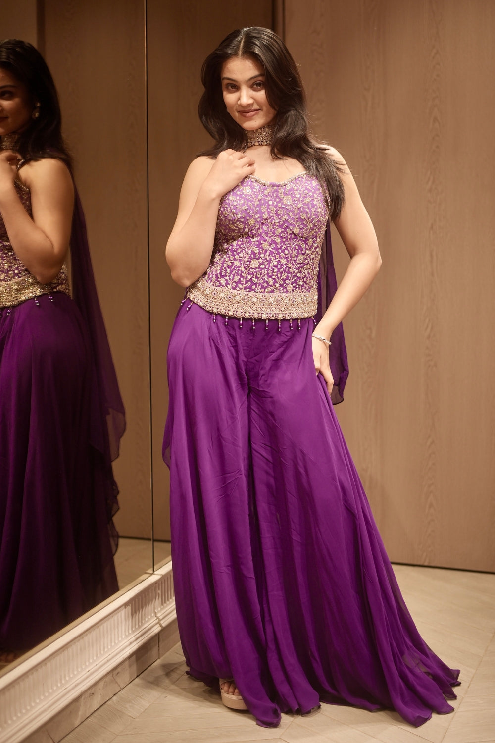 Purple Georgette Indo Western with Moti and Beads Work