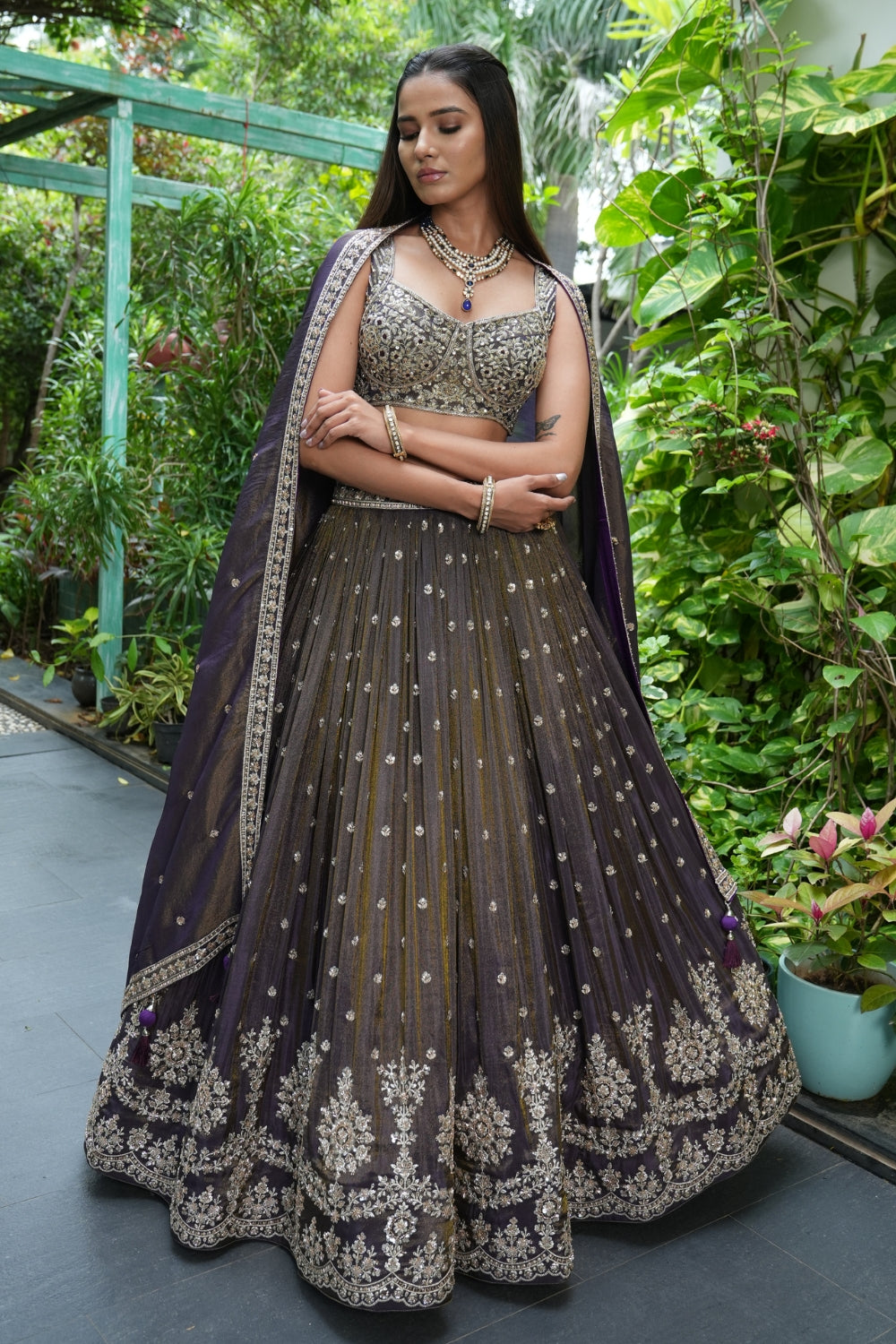 Purple Georgette Lehenga Set with Cutdana and Sequins Work