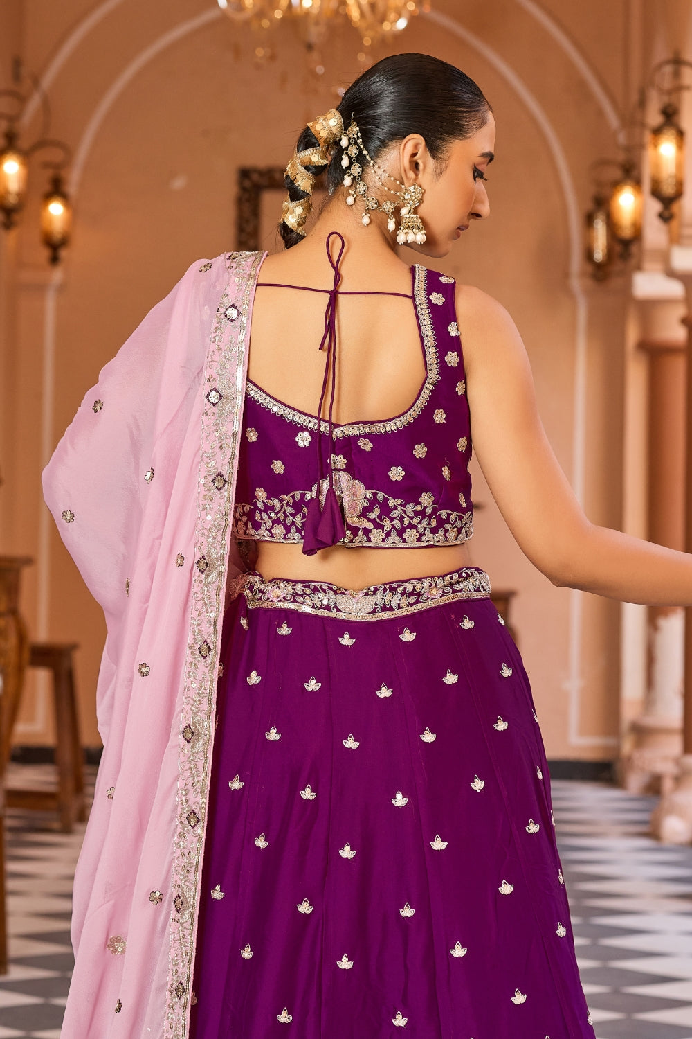 Purple Georgette Lehenga Set with Sequins and Resham Embroidered Work