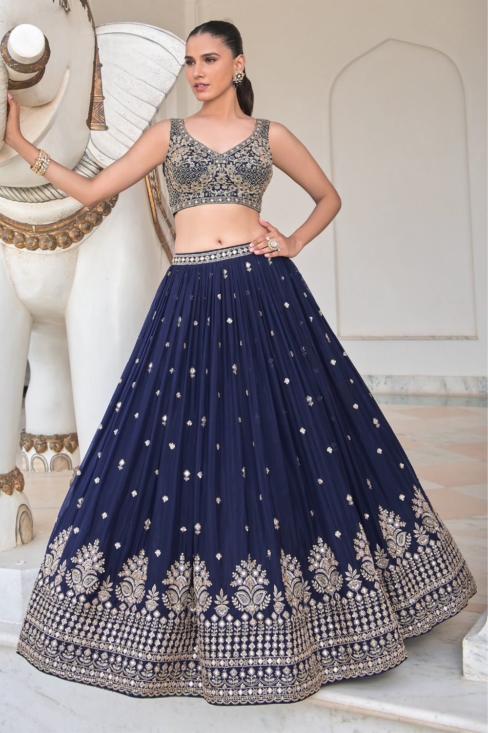Blue Georgette Lehenga Set with Zardosi and Mirror Work
