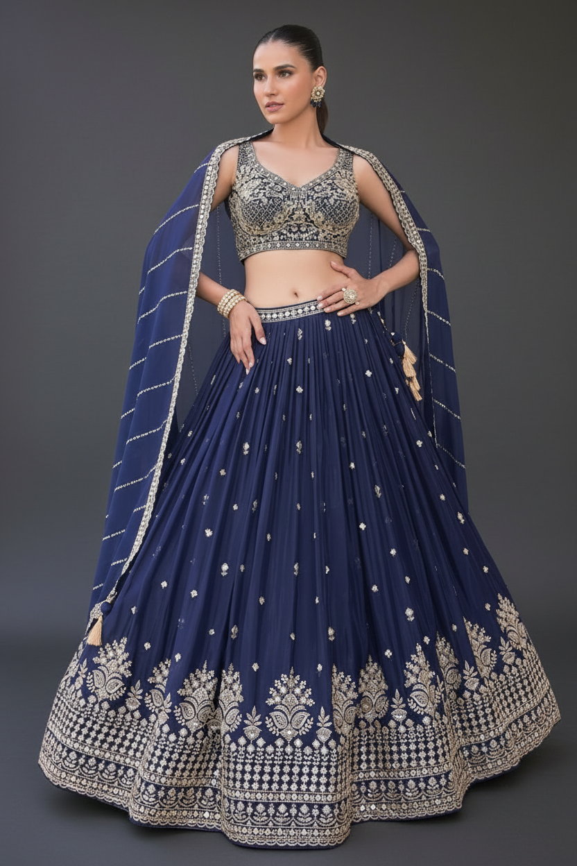Blue Georgette Lehenga Set with Zardosi and Mirror Work