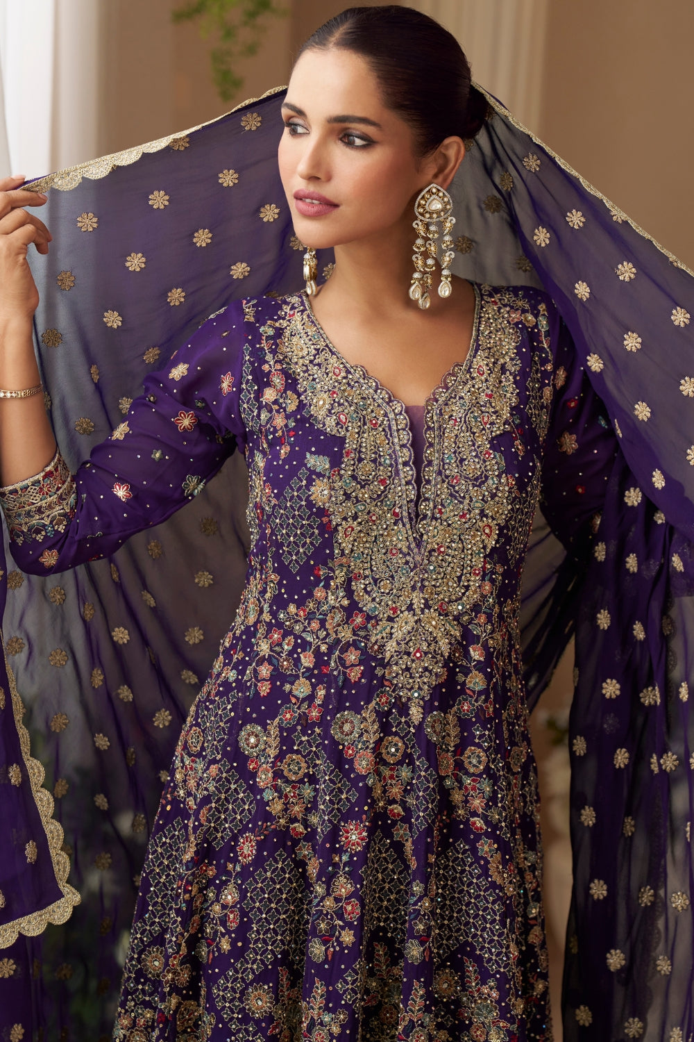 Purple Georgette Palazzo Set with Embroidery and Sequins Work