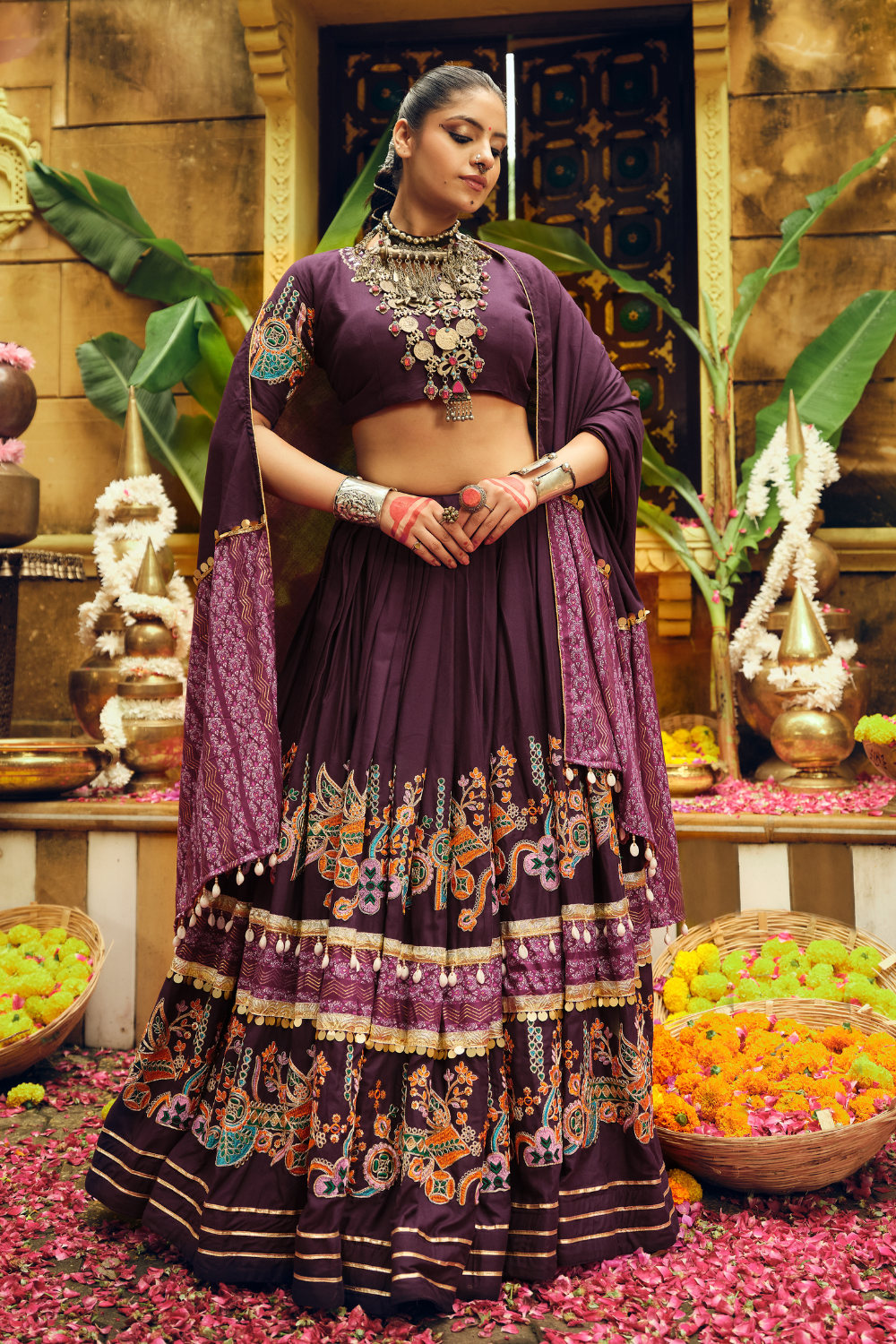 Purple Rayon Printed Navratri Lehenga Choli