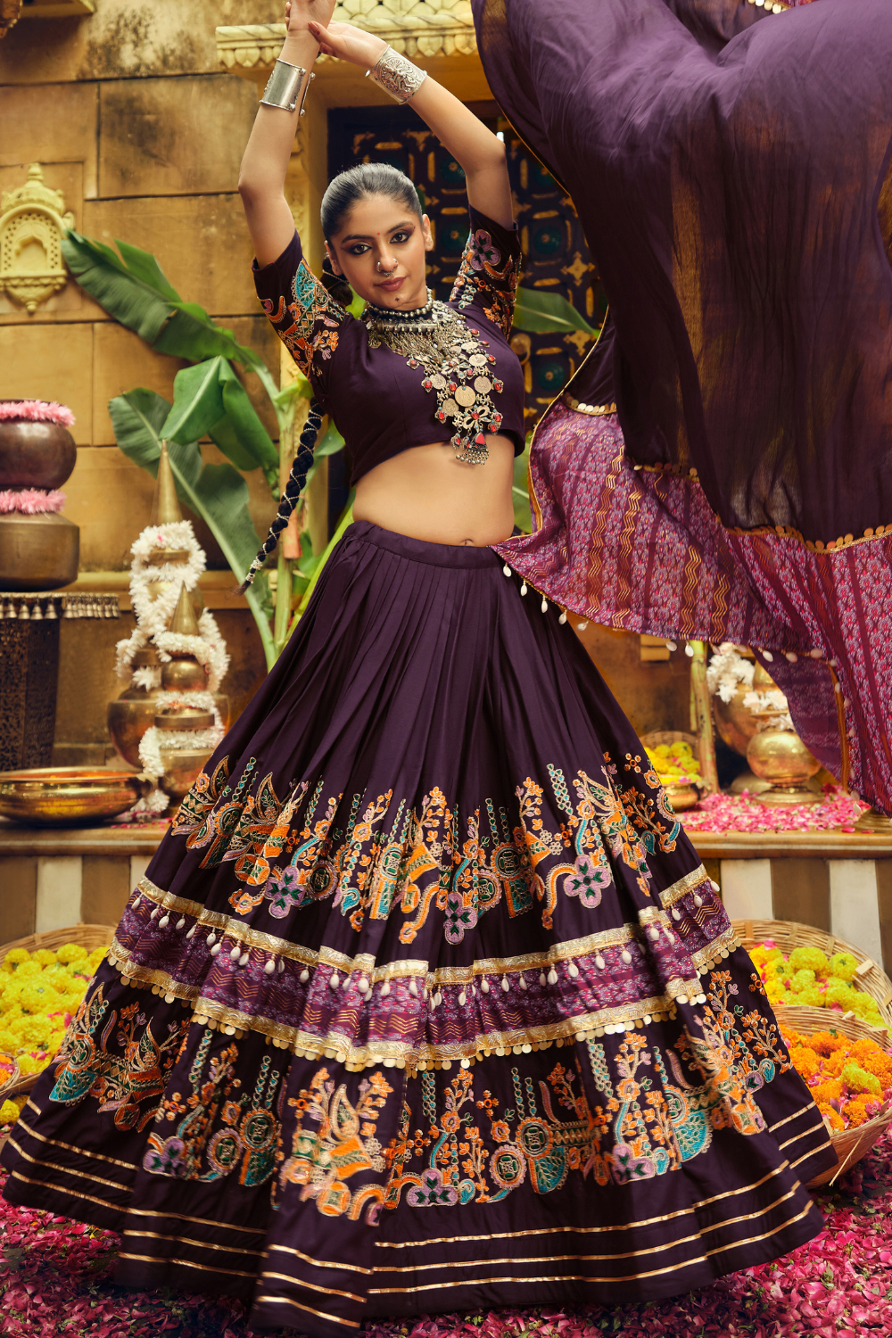 Purple Rayon Printed Navratri Lehenga Choli