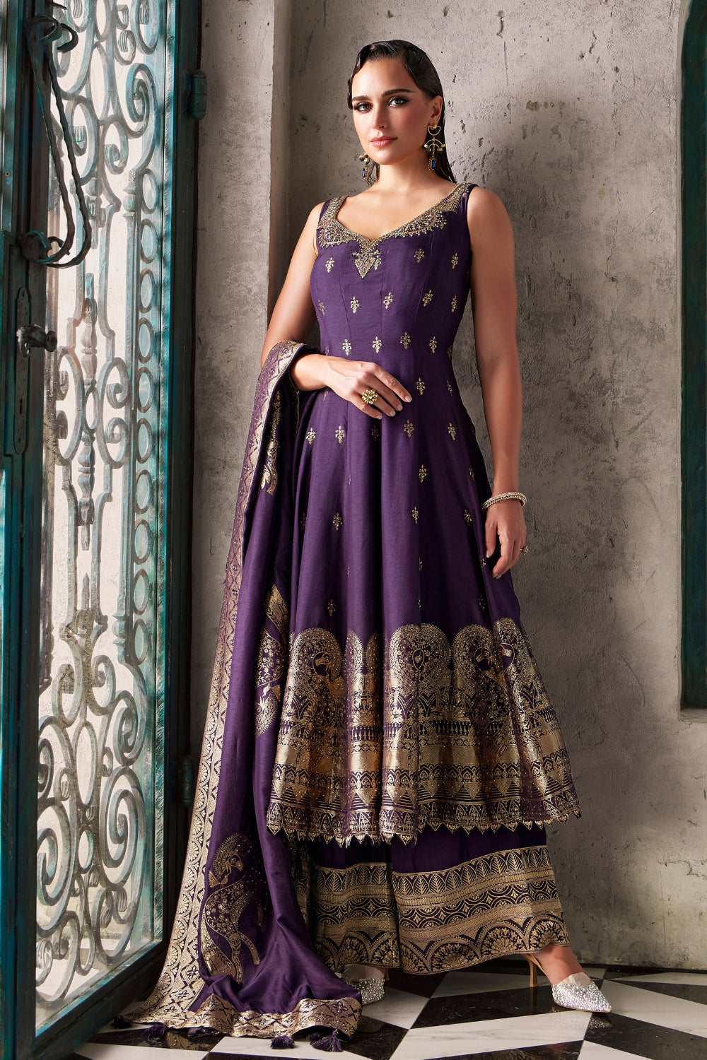 Purple Silk Anarkali Suit with Stone and Cutdana Work