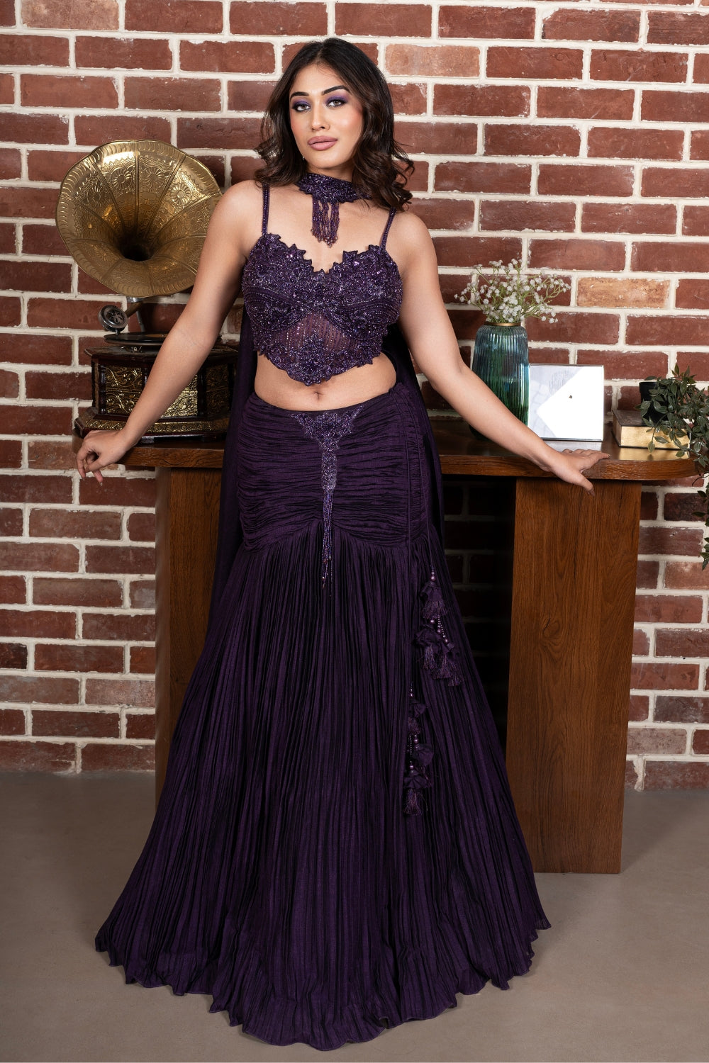 Purple Silk Lehenga Choli with Cutdana and Beads Work