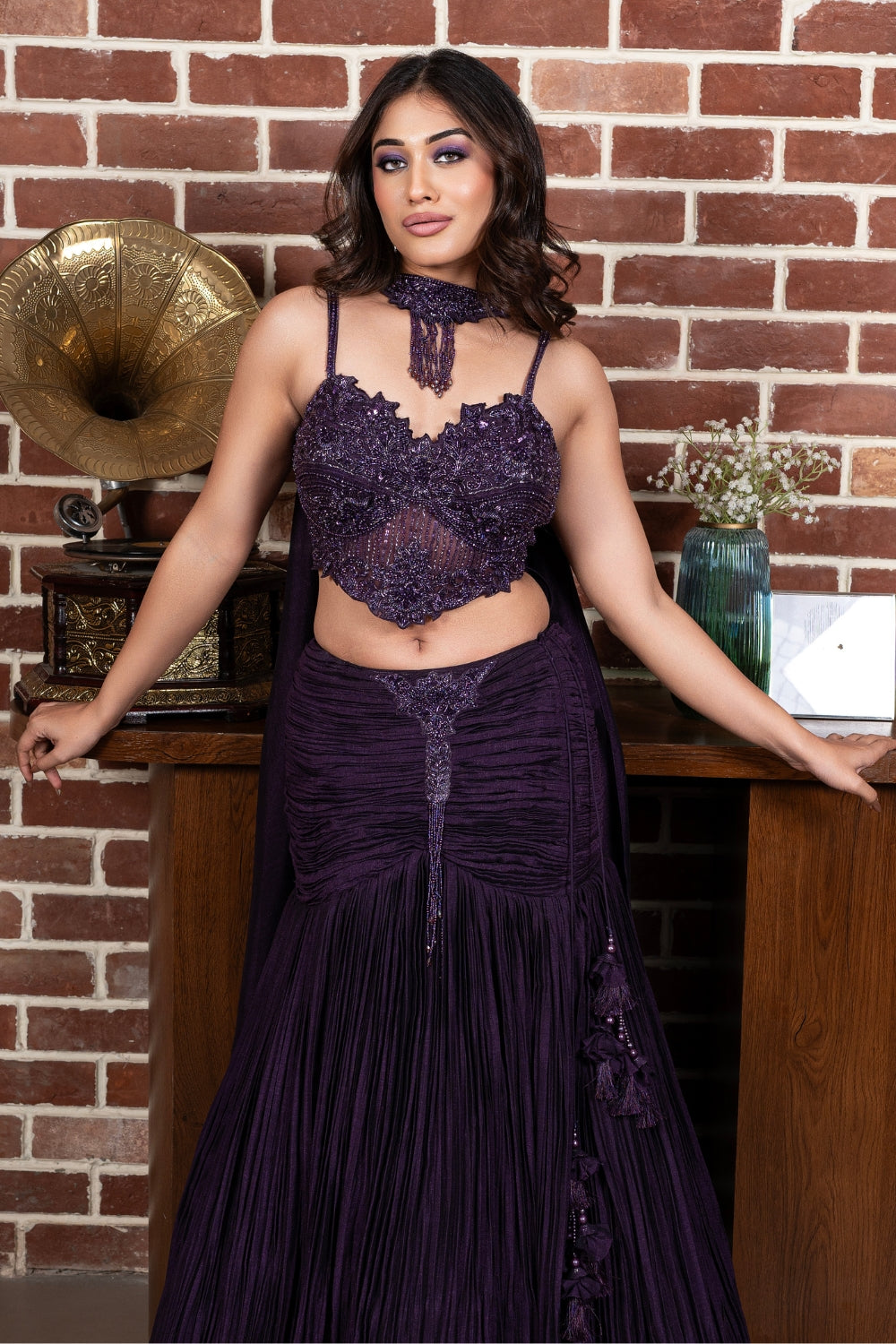 Purple Silk Lehenga Choli with Cutdana and Beads Work