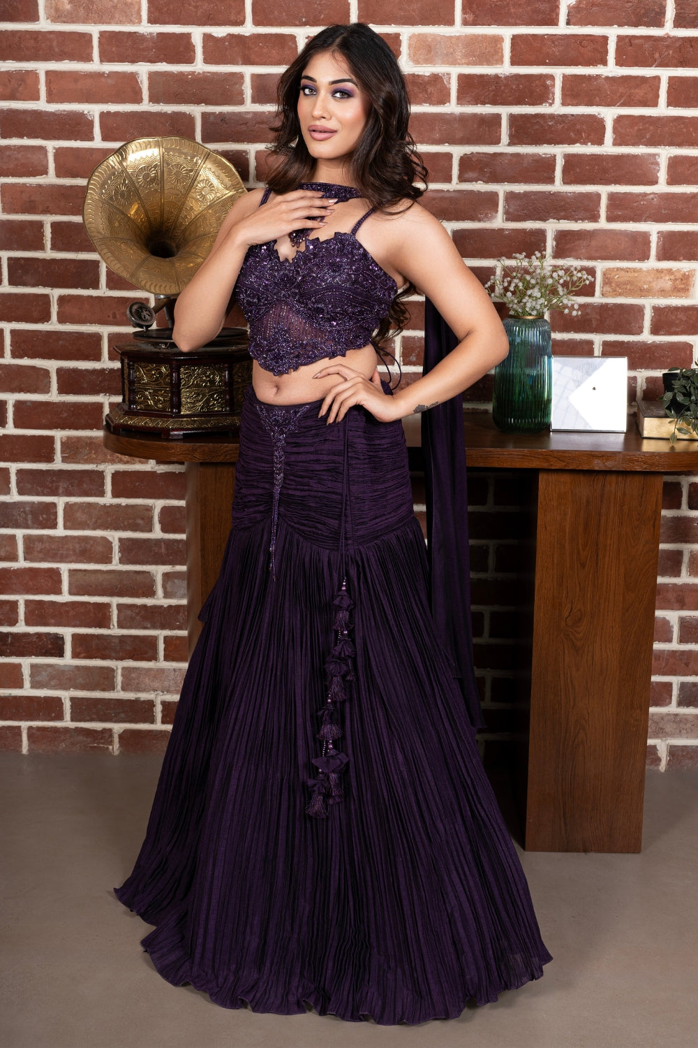 Purple Silk Lehenga Choli with Cutdana and Beads Work