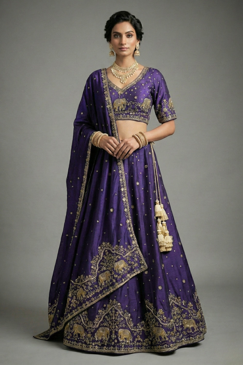 Purple Silk Lehenga Set with Moti and Cutdana Work