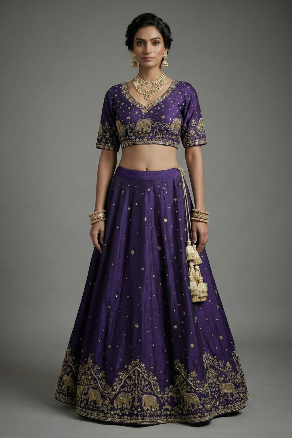 Purple Silk Lehenga Set with Moti and Cutdana Work