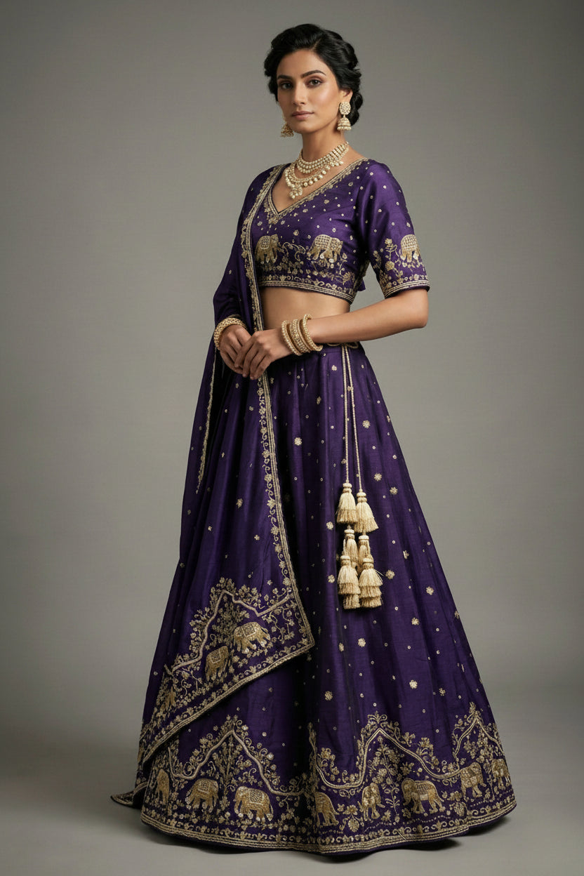 Purple Silk Lehenga Set with Moti and Cutdana Work