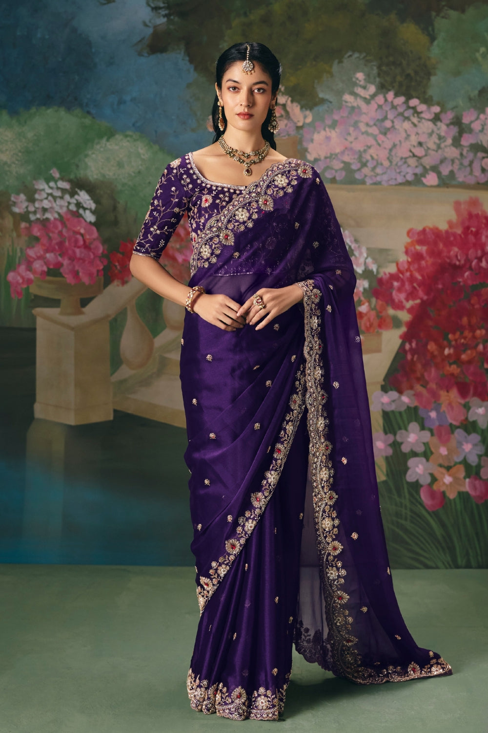 Purple Silk Saree with Cutdana and Moti Work