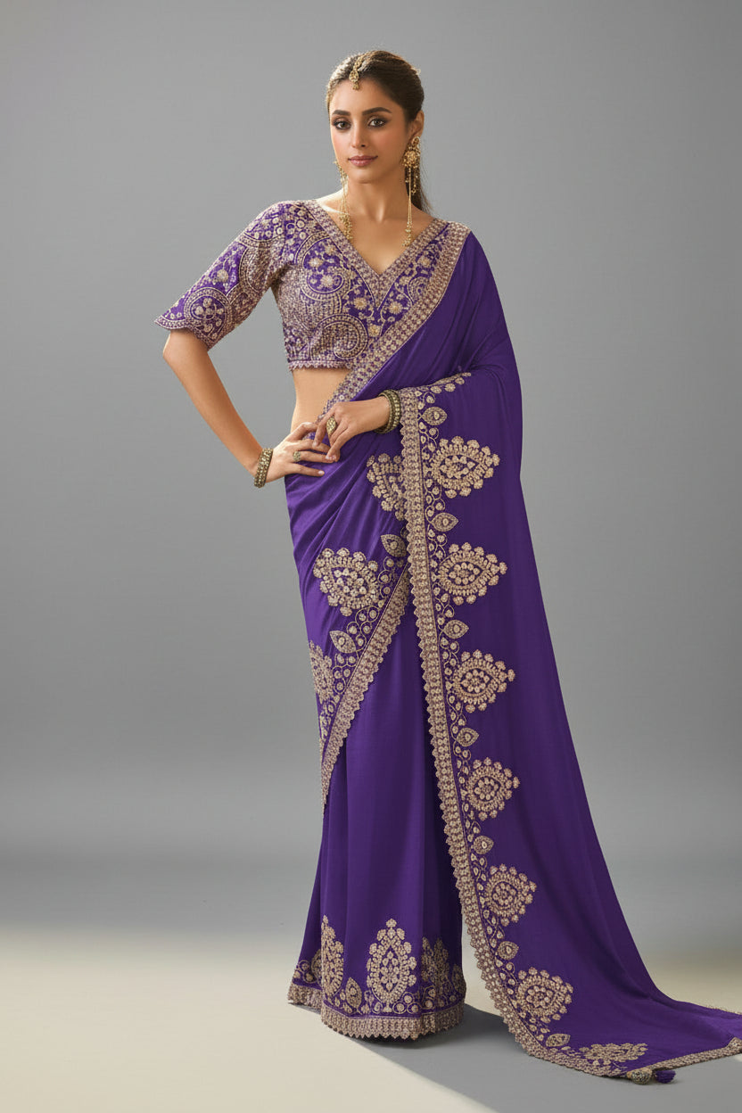 Purple Silk Saree with Embroidery and Sequins Work