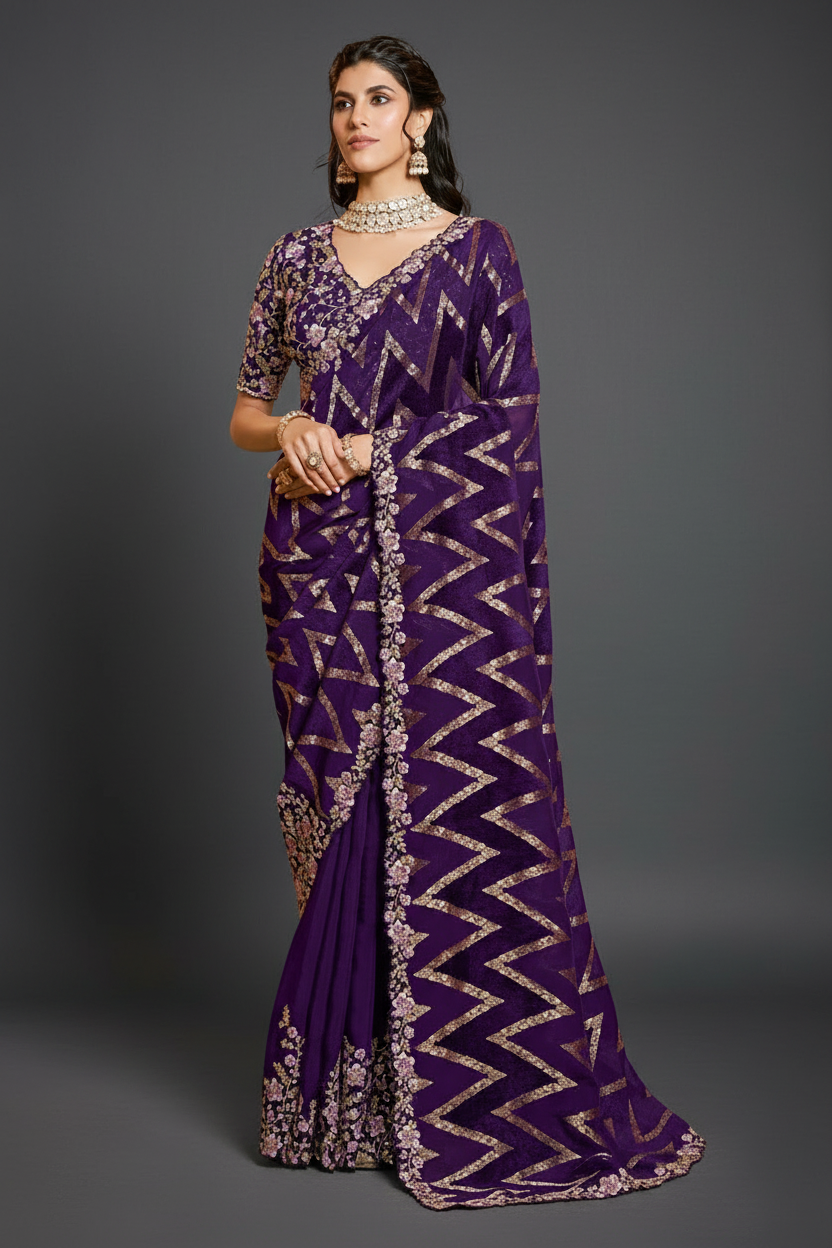 Purple Velvet Silk Saree with Sequins and Moti Work