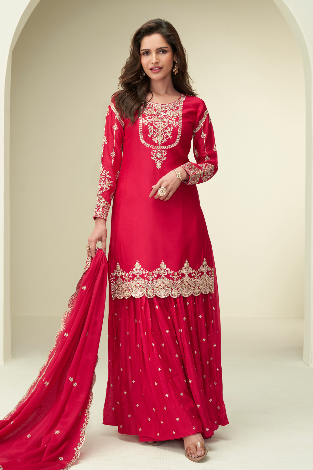 RED CHINON SILK PALAZZO SUIT WITH SEQUINS AND EMBROIDERY