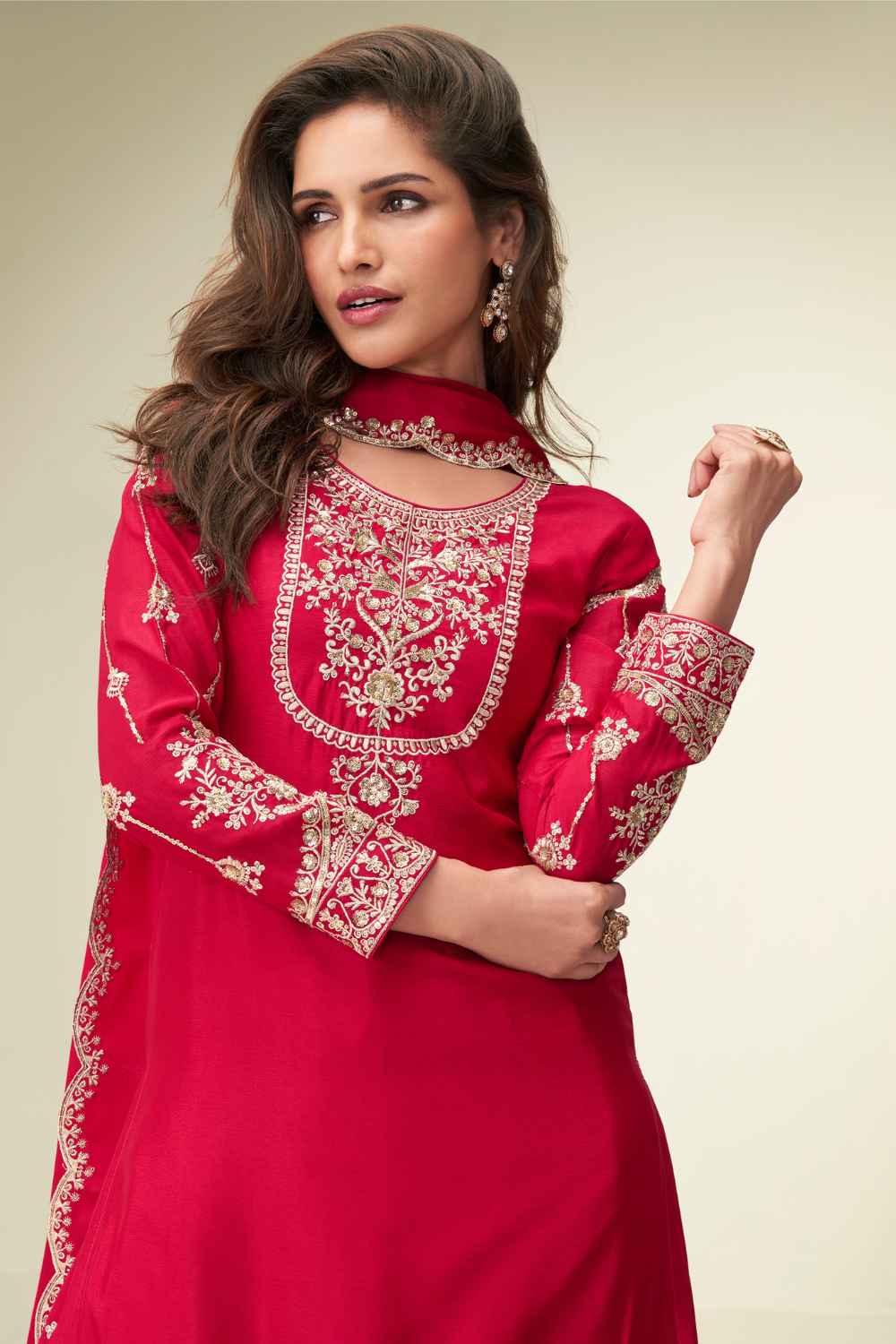 RED CHINON SILK PALAZZO SUIT WITH SEQUINS AND EMBROIDERY