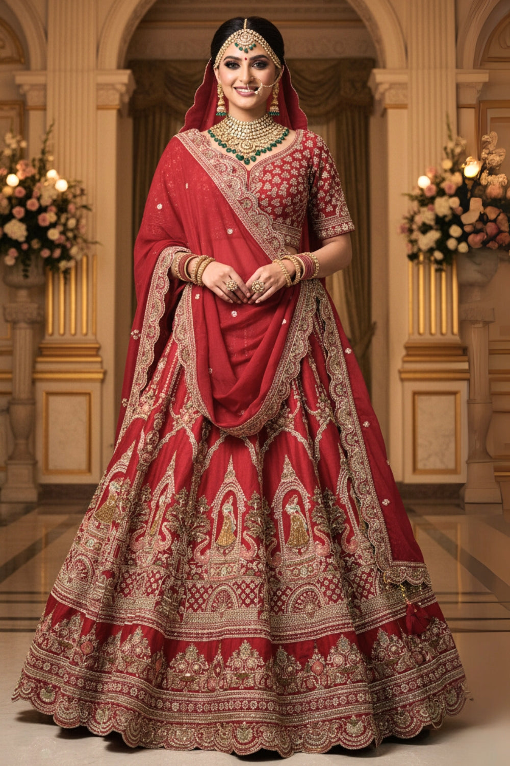 RED SILK BRIDAL LEHENGA SET WITH CUTDANA AND MOTI WORK