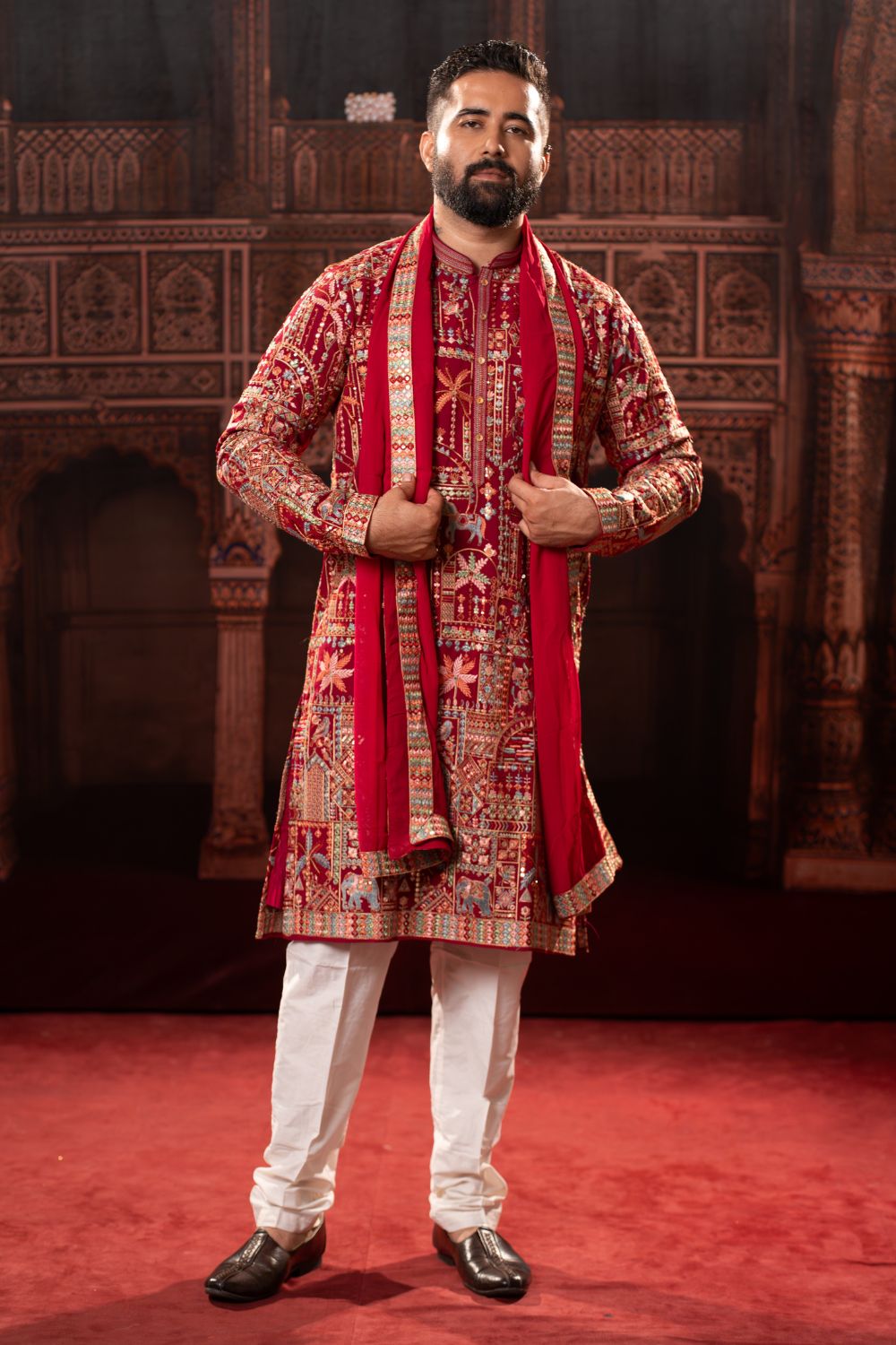 RED SILK KURTA SET WITH THREAD AND MIRROR WORK