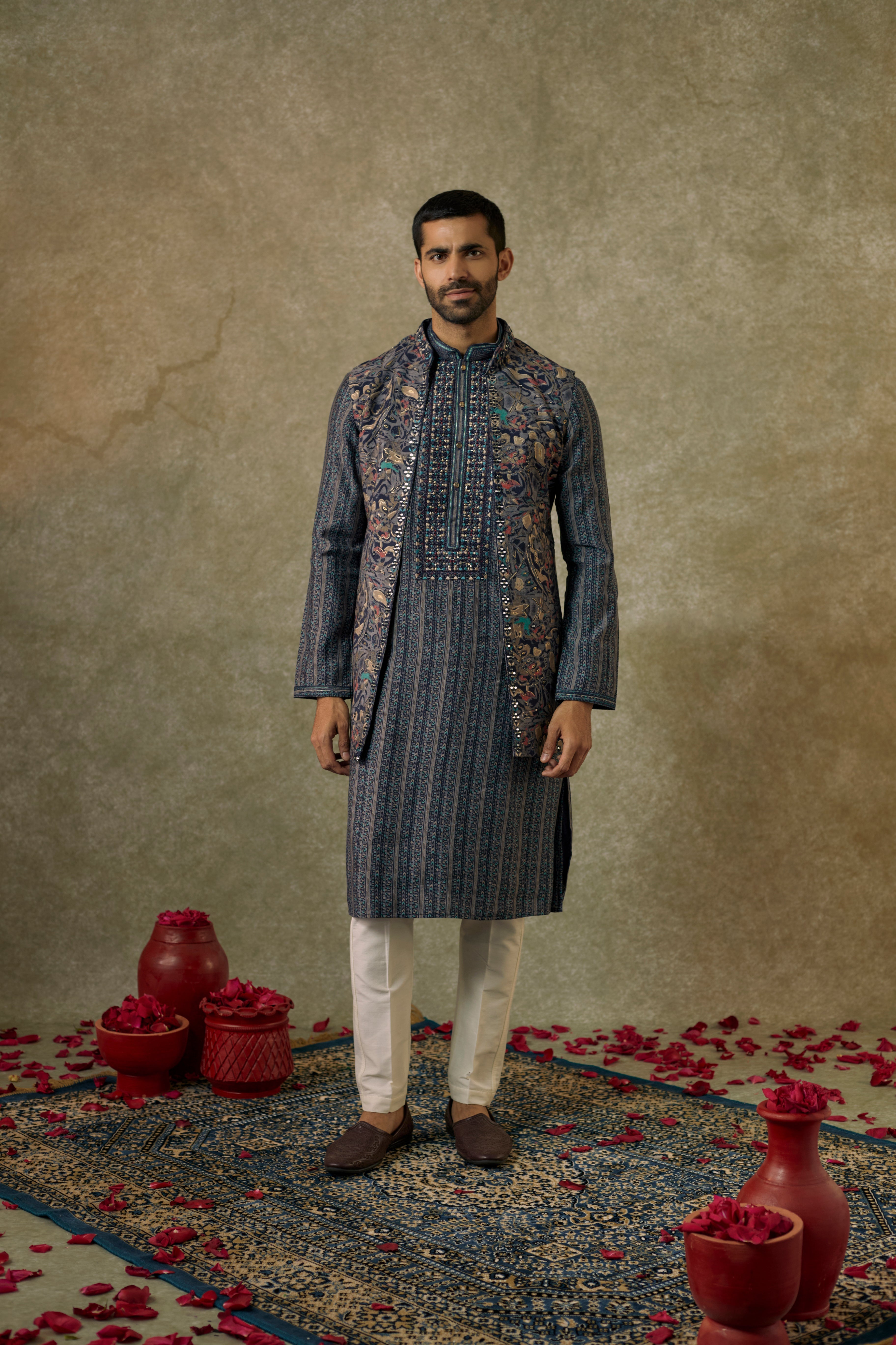 Grey printed Splendid silk  resham and embroidered Open  kurta Jacket  set